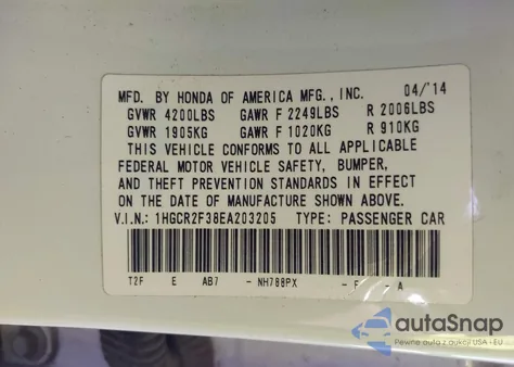 2014 Honda Accord Lx from USA, damaged, VIN 1HGCR2F38EA203205